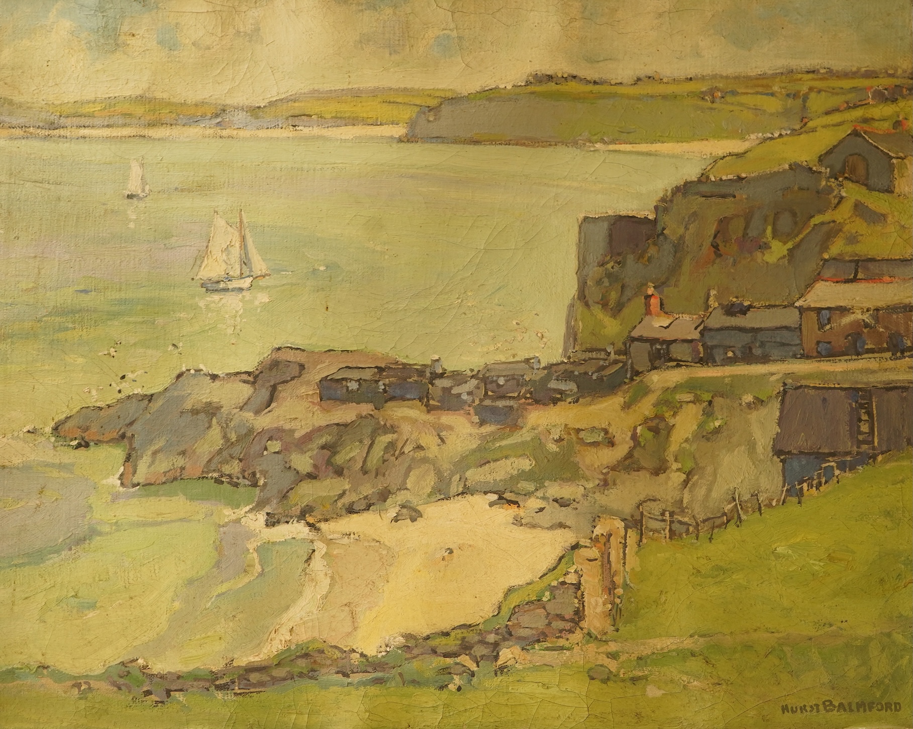Hurst Balmford (1871-1950), Coastal view, harbour view and street scene, each signed, set of three oils on canvas laid onto board, 40 x 50cm